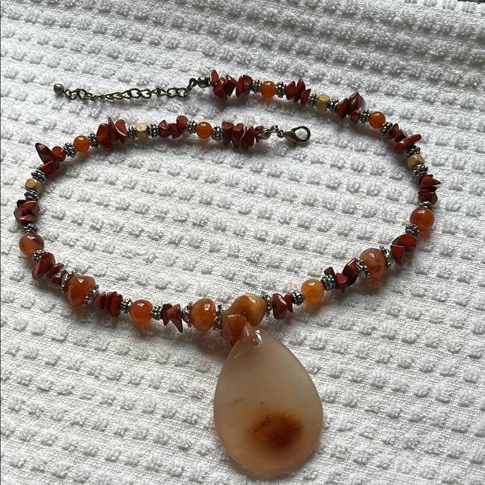 Crafted Red Jasper & mixed medium Beaded Necklace with CarnelianTeardrop Pendant